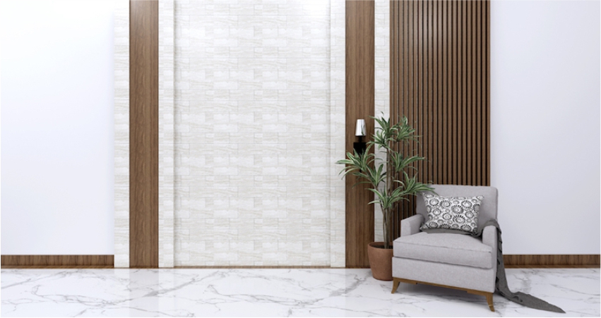 wood and beige match half wall tile design idea for living room