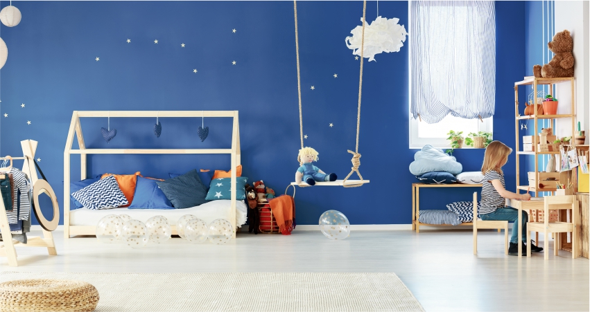 use of bright wall that pops in kids bedroom