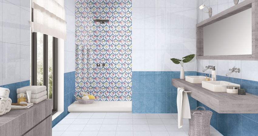 Small Bathroom with pastel color wall tiles and floral shower tiles on wall for barbie theme