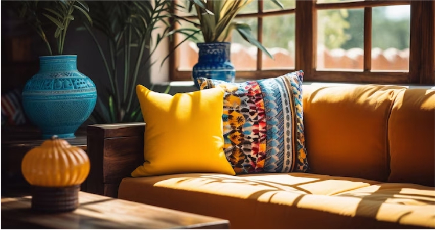 A living room with a yellow couch and colorful pillows.