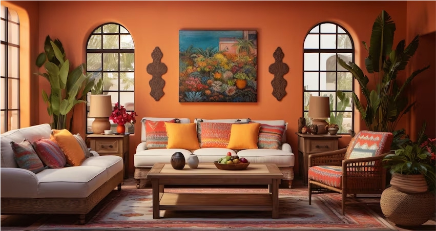 A living room with orange walls, furniture, woodwork and colours.