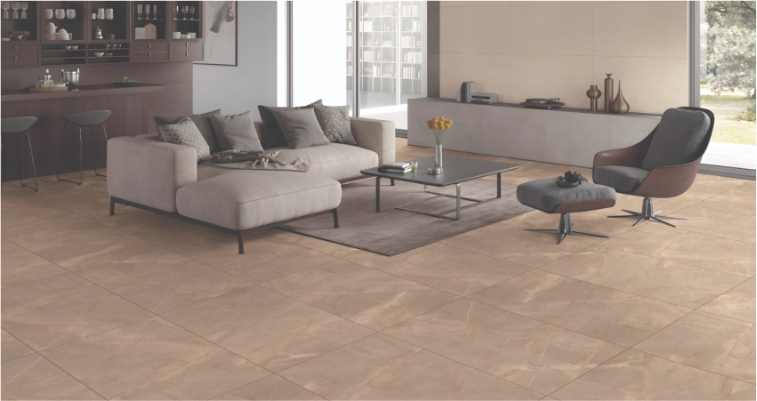 A living room with a beige tile floor.