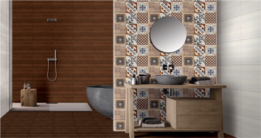 A bathroom with a wooden floor and tiled walls.