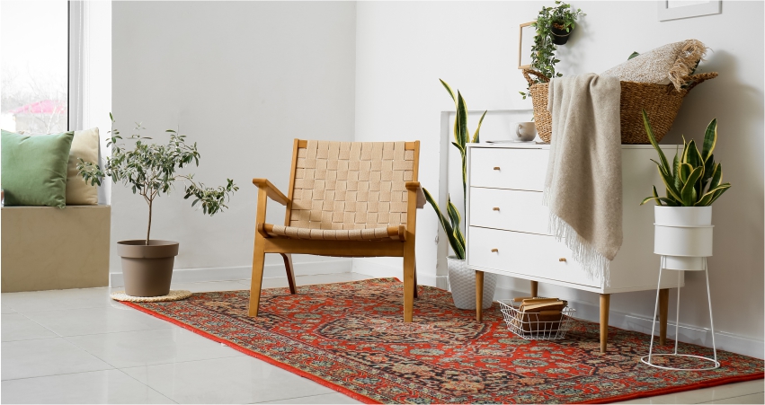 A small living room with a rug and a chair.