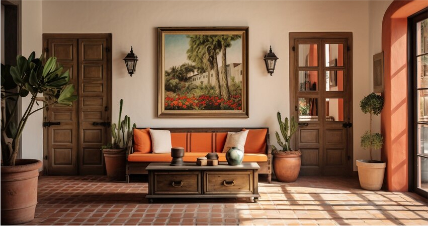 A living room with an orange couch and a painting on the wall.
