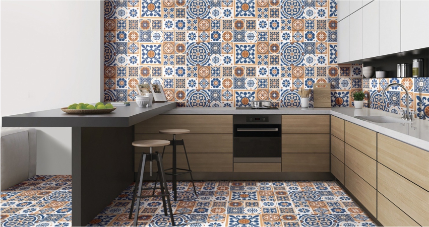 A kitchen with blue and orange tiled walls.