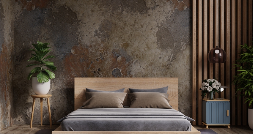 A modern bedroom with a wooden bed and a stunning stone texture design wall.