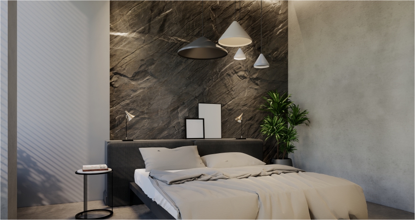 3d rendering of a modern bedroom with a tantalising tile texture design wall.