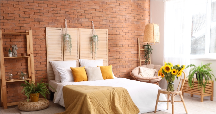 A bed in a room with a bricked beauty texture design wall.