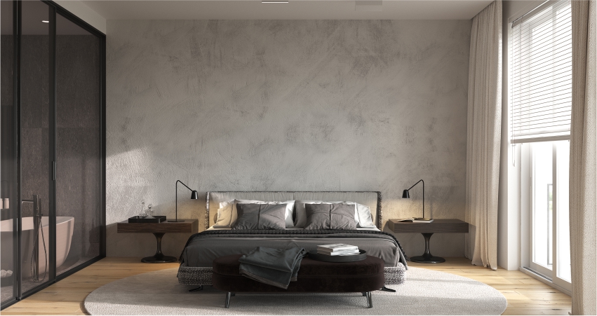 3d rendering of a bedroom with a bed, lavish lacquer texture design wall and a bedside table.