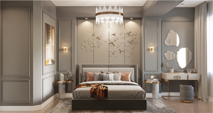 3d rendering of a bedroom with amazing abstract art texture design walls and gold accents.