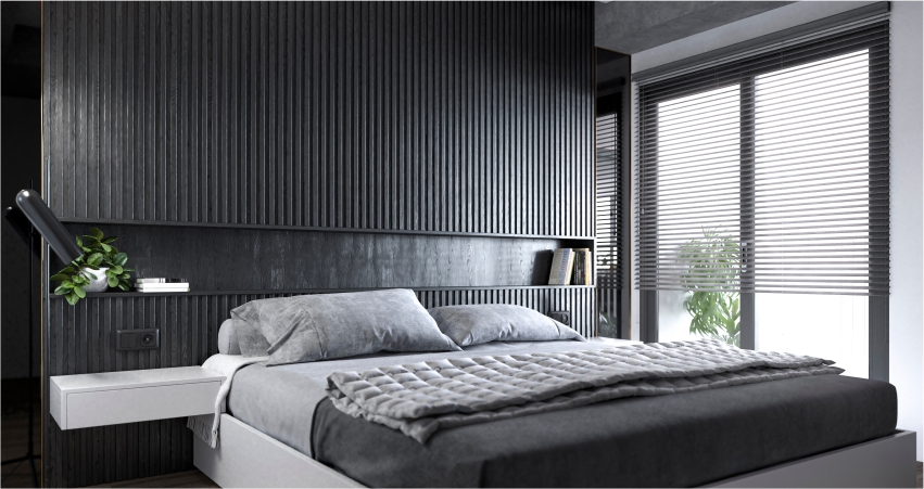 A black and white bedroom with a white bed and fancy 3-D texture design wall.