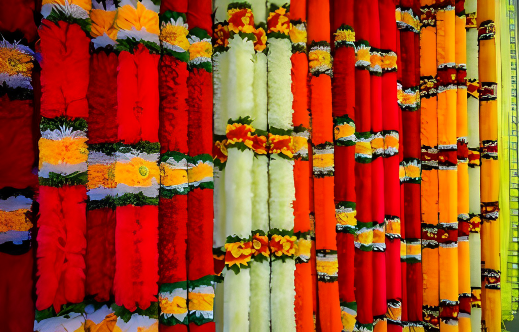 A colorful display of garlands on a wall.