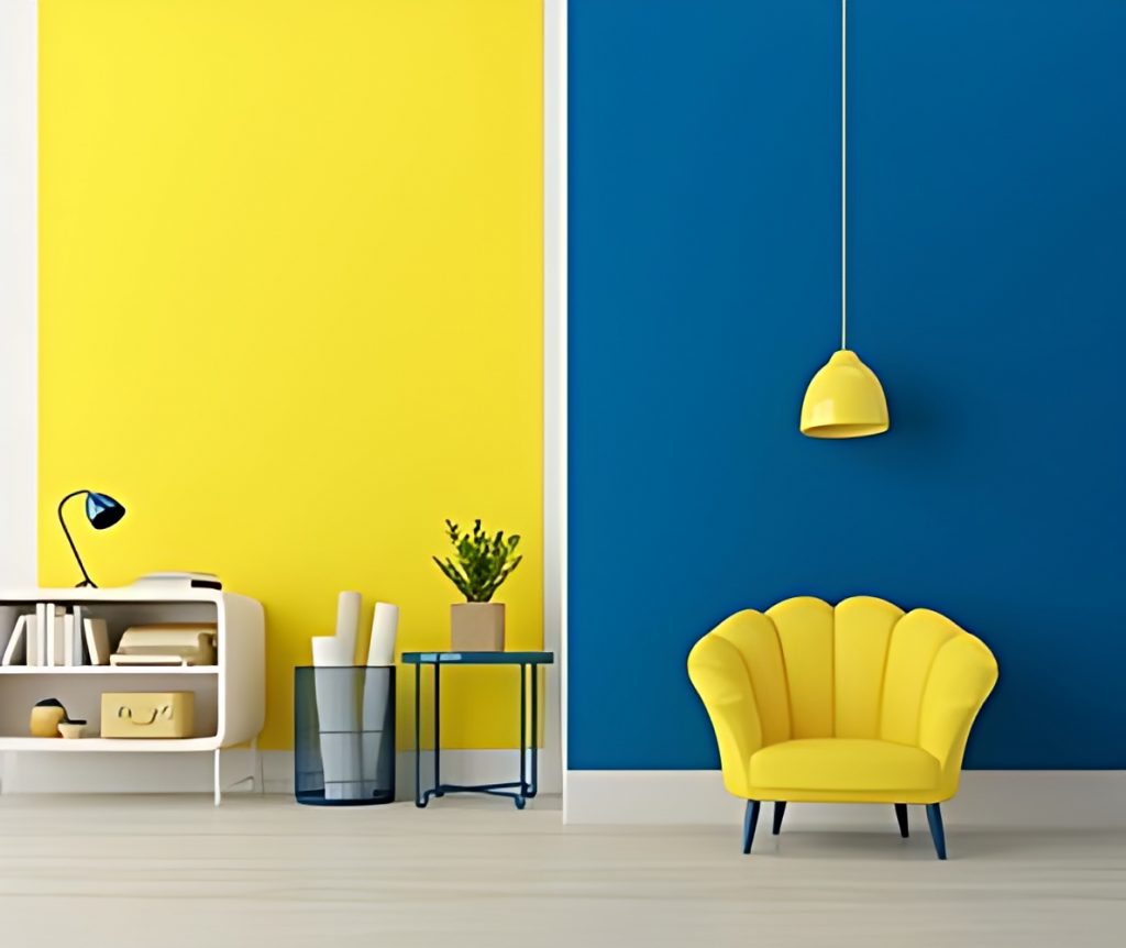 A room with blue and yellow walls and a yellow chair.