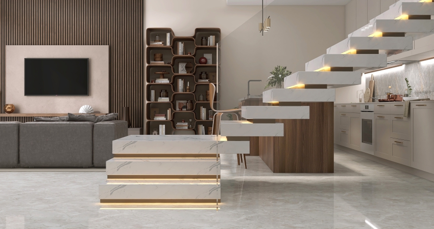 An image of a modern floating staircase in a living room.