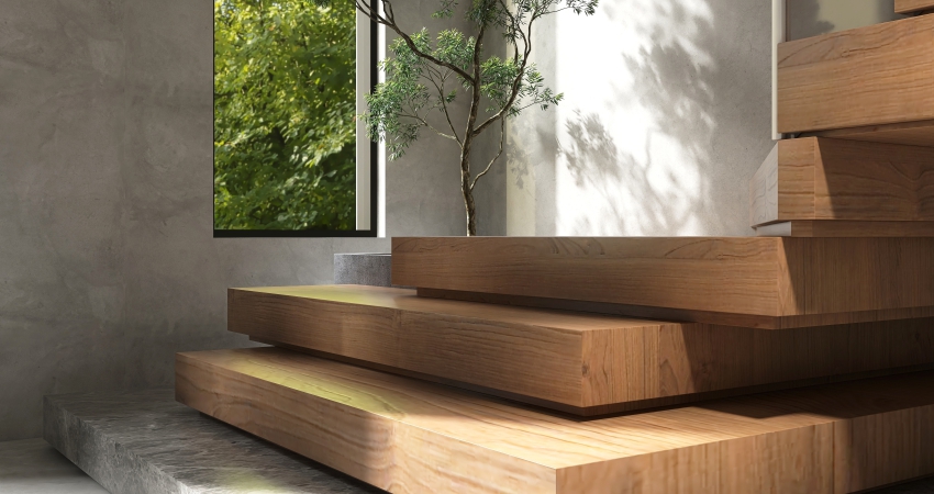 A wooden staircase in front of a window.