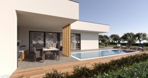 3d rendering of a modern single floor house with a swimming pool.