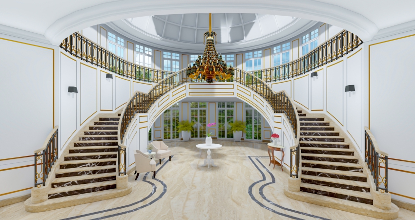 A traditional staircase in a luxury home.