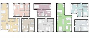 A single floor plan of a house with different colored rooms.