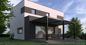 A 3d rendering of a modern single floor house with a patio.