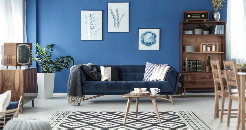 A living room with blue walls and a blue couch.