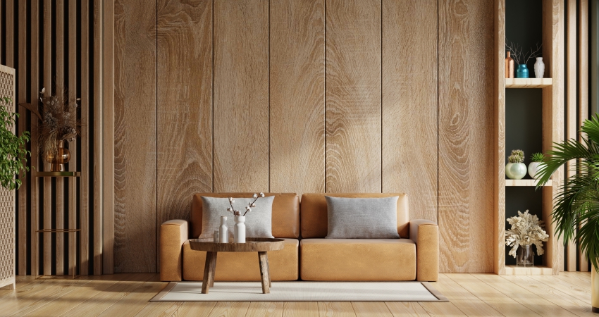 A living room with a wooden wall and a leather couch.