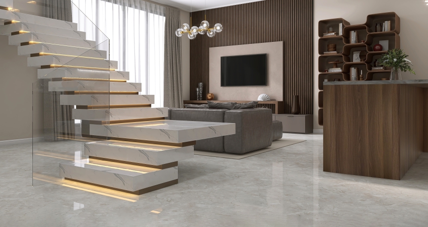 A modern staircase in a living room.