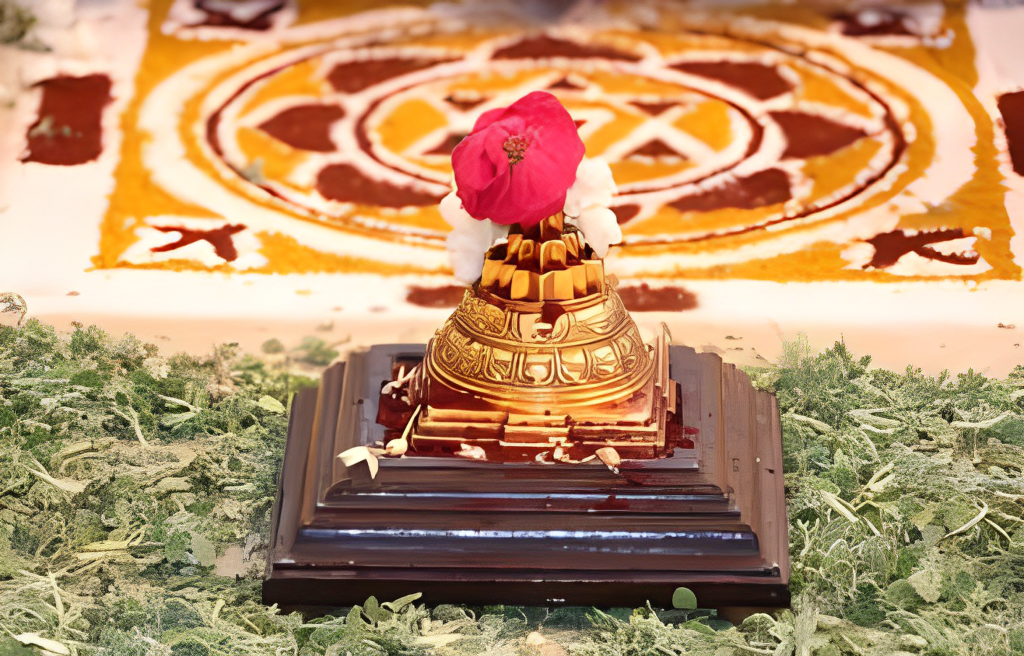  red turban sits on a wooden platform.
