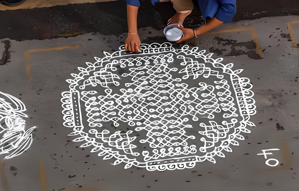 A woman is drawing a rangoli on the ground.