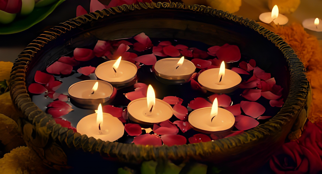 A bowl filled with candles and flowers.