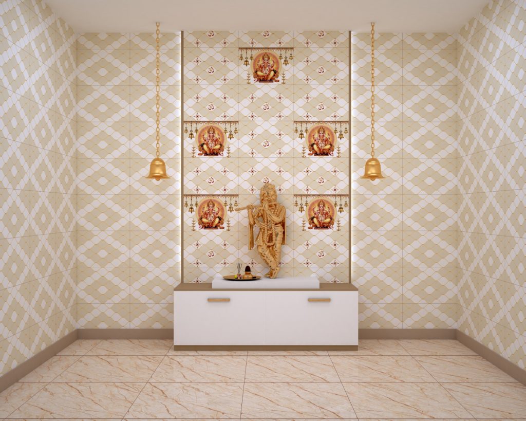 A 3d rendering of a room with a lord ganesha statue.
