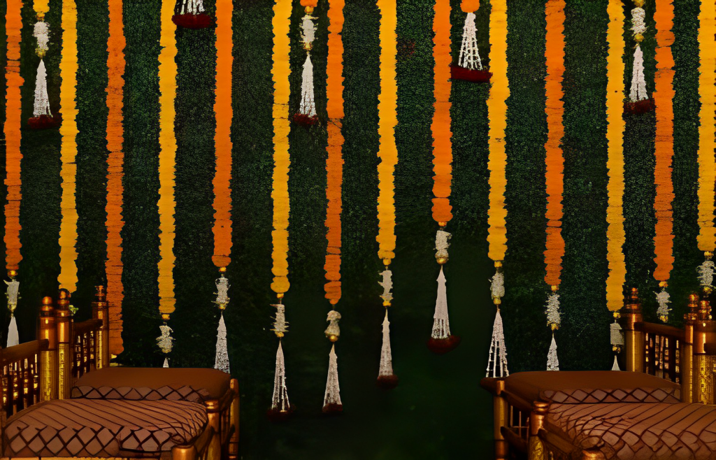 A room decorated with orange and yellow flowers.