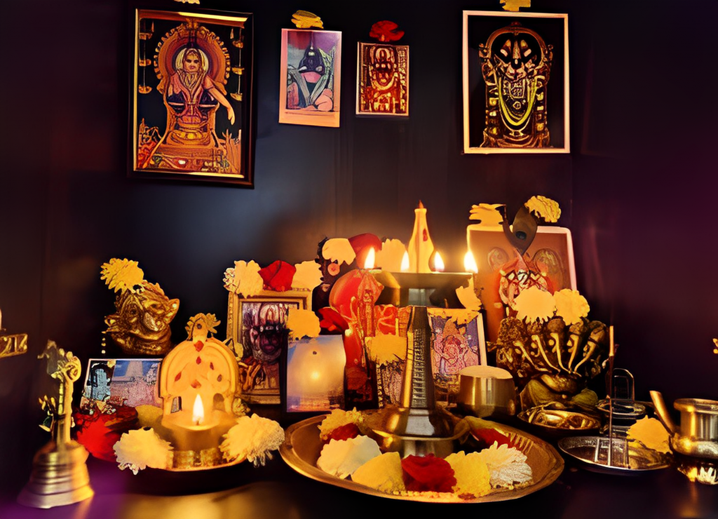 A hindu temple with a lot of decorations and candles.