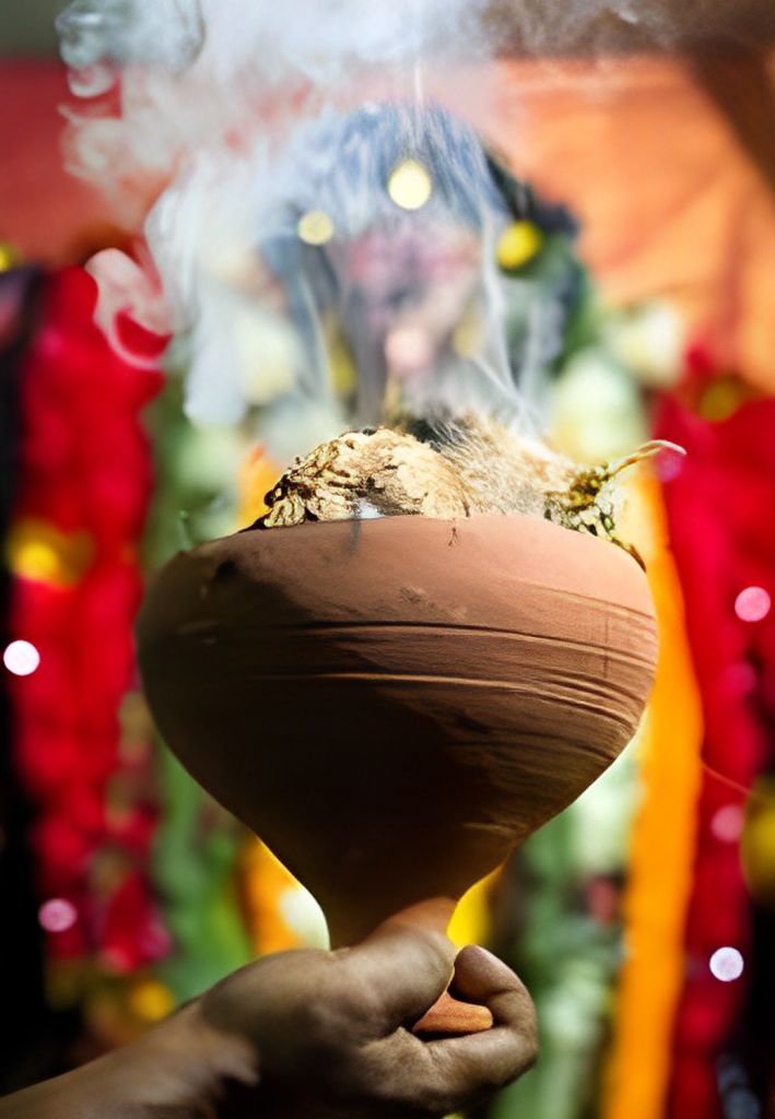 A person holding a clay pot with smoke coming out of it.