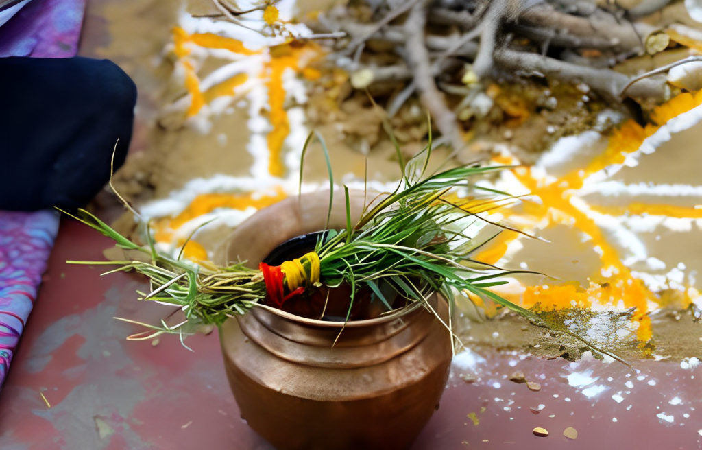 A person is sitting on the ground next to a pot with a plant in it.