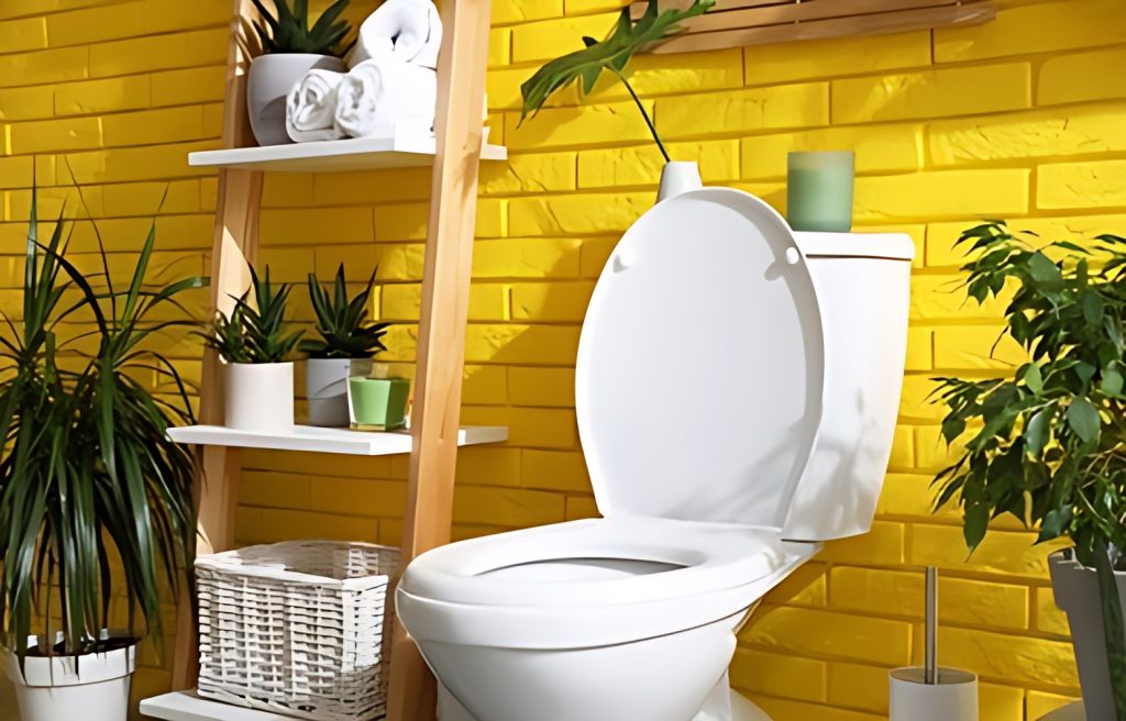 A bathroom with a yellow wall and a white toilet.