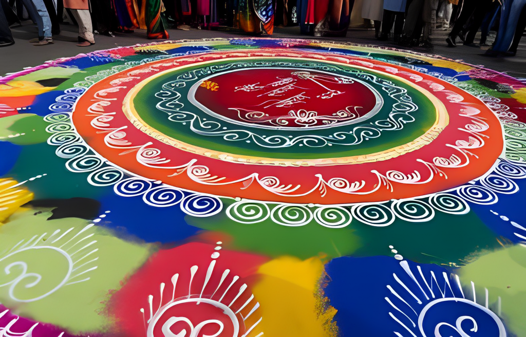 A colorful rangoli on the ground in front of people.