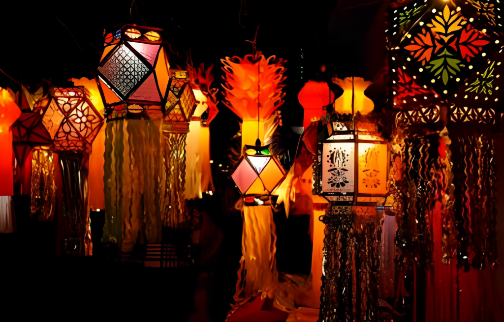 Chinese lanterns hanging in a dark room.