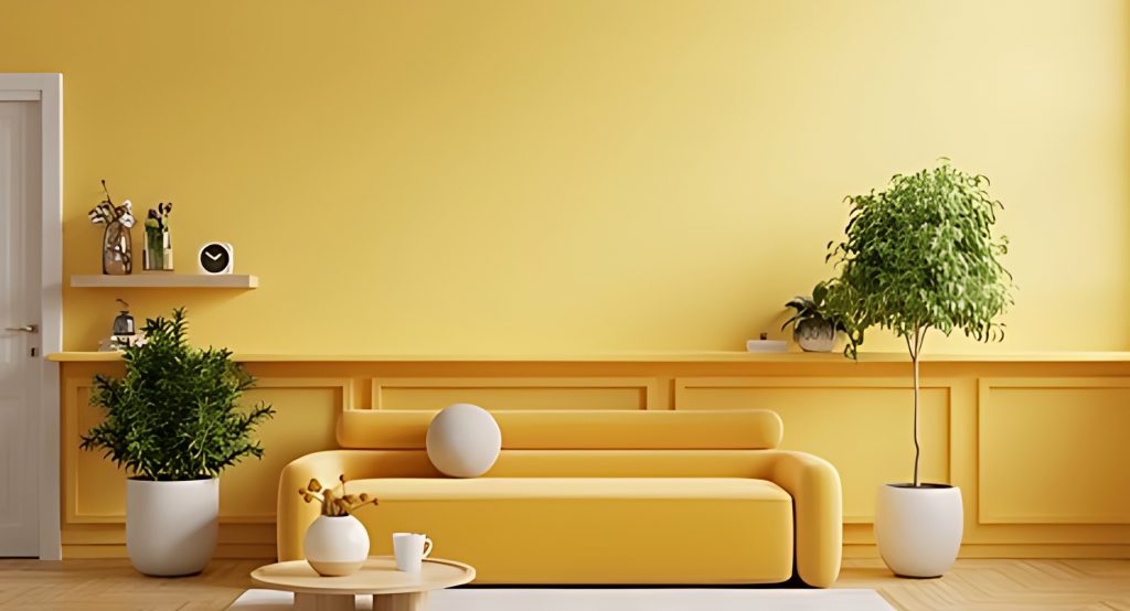 A living room with yellow walls and a yellow couch.