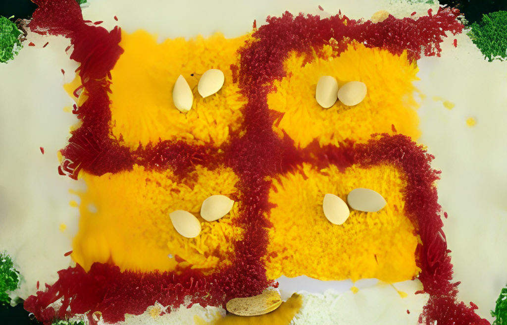 An image of a rangoli made with red, yellow, and green colors.