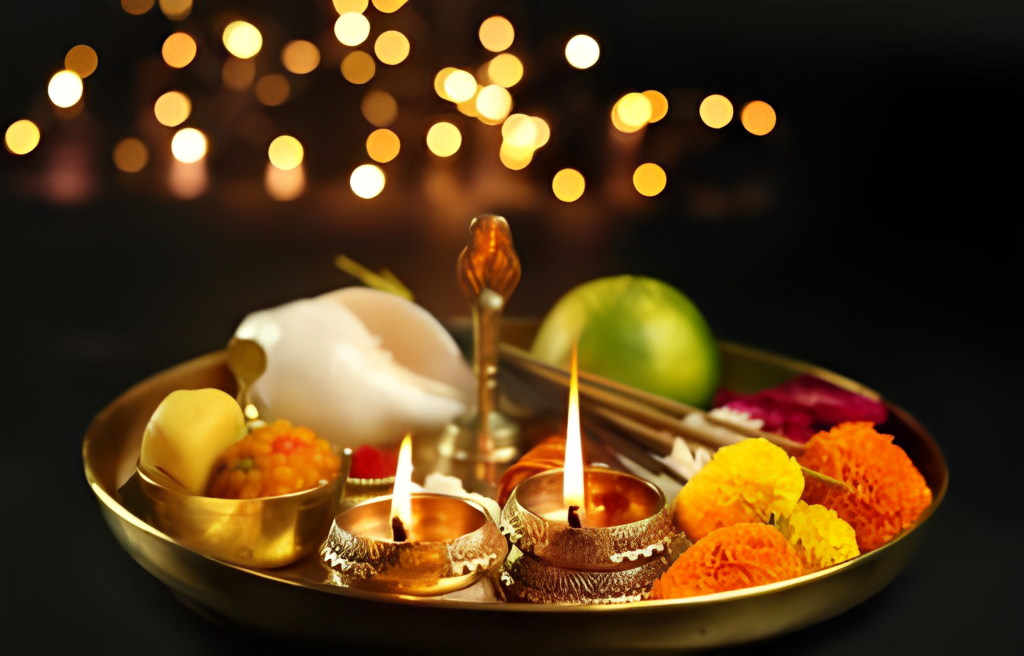 A gold plate with candles and flowers on it.