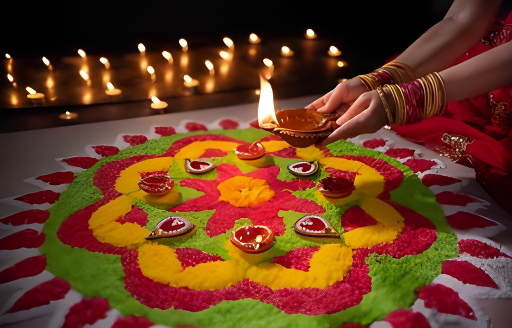 A woman lighting candles on a colorful rangoli.