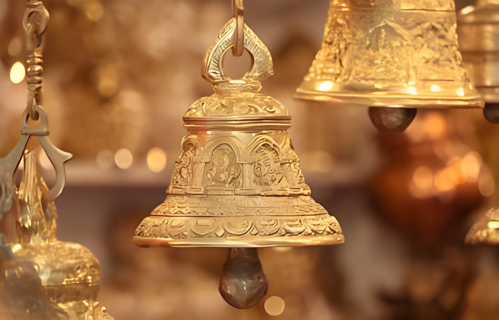 A group of gold bells hanging from the ceiling.