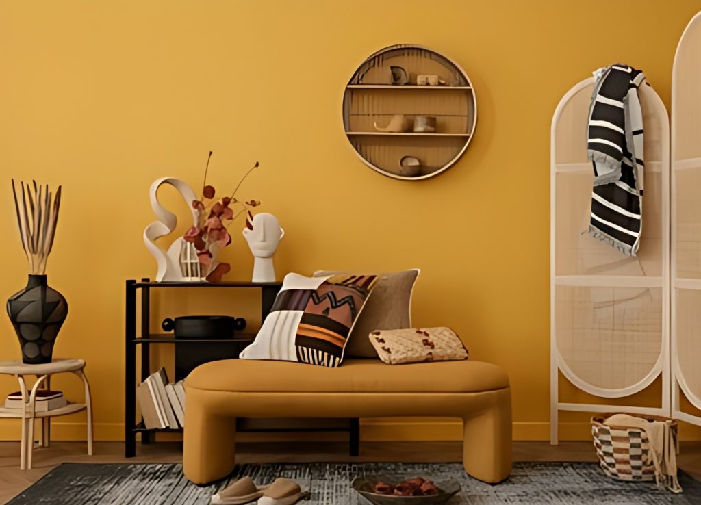 A room with yellow walls and a yellow chair.