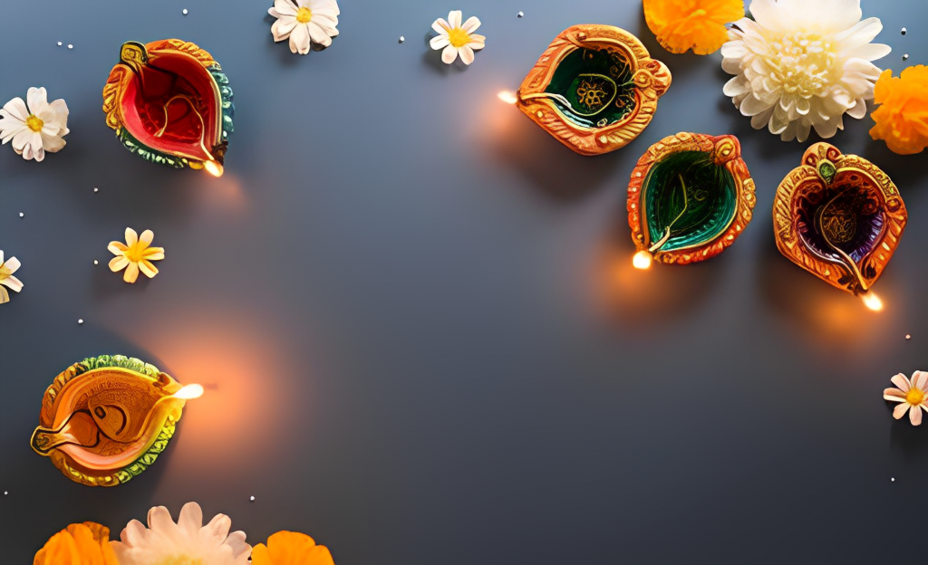 Diwali lights and flowers on a dark background.