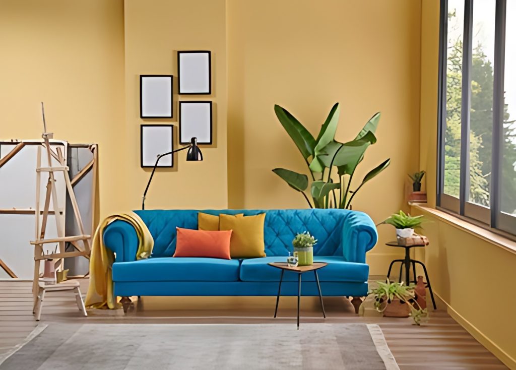 A living room with yellow walls and a blue sofa.