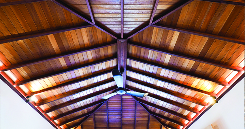The ceiling is made of wood.