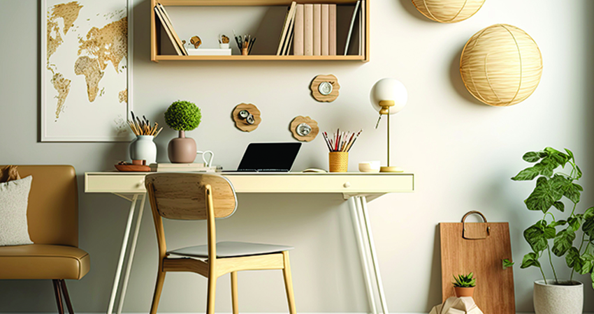 A room with a desk, chair and shelves.