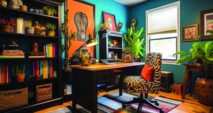 A room with colorful walls, study space and a zebra print chair.