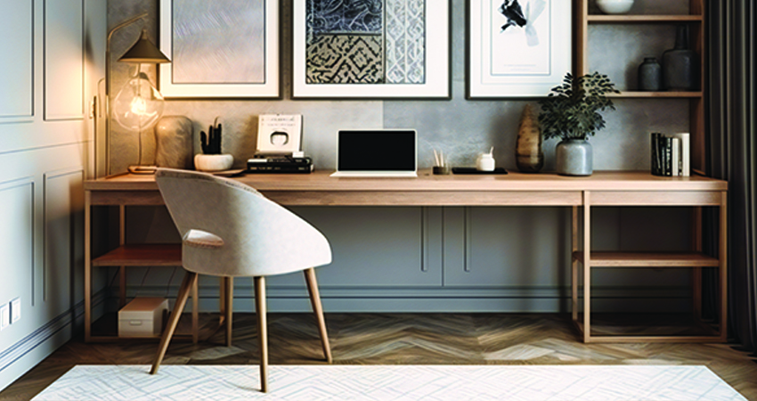 A room with a study desk, chair and framed pictures.